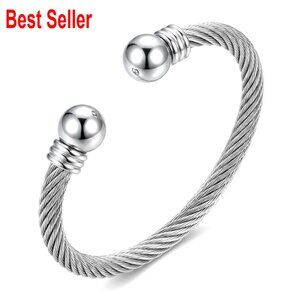 Stainless Steel Twisted Cable Wire Bracelet, Adjustable Open Cuff Bangle